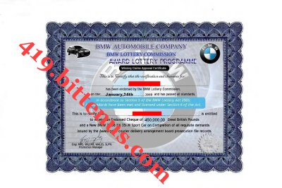 BMW 2010 Award Certificate For 